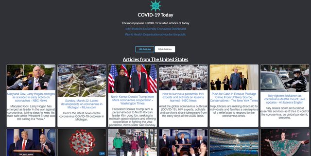 Screenshot of app showing USA articles