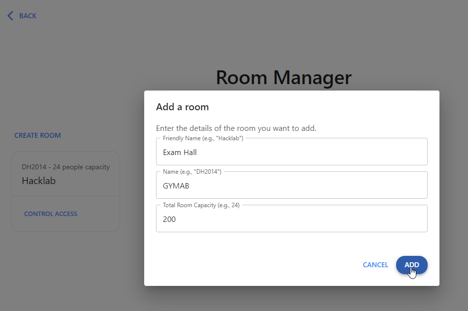 Room manager in the "Add a room" view with information filled in, the mouse hovering on the "Add" button