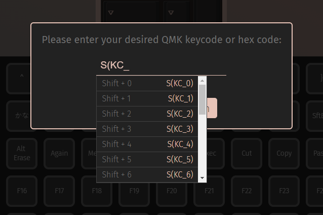 Screenshot image showing the limited selection of QMK keycodes supported by VIA.