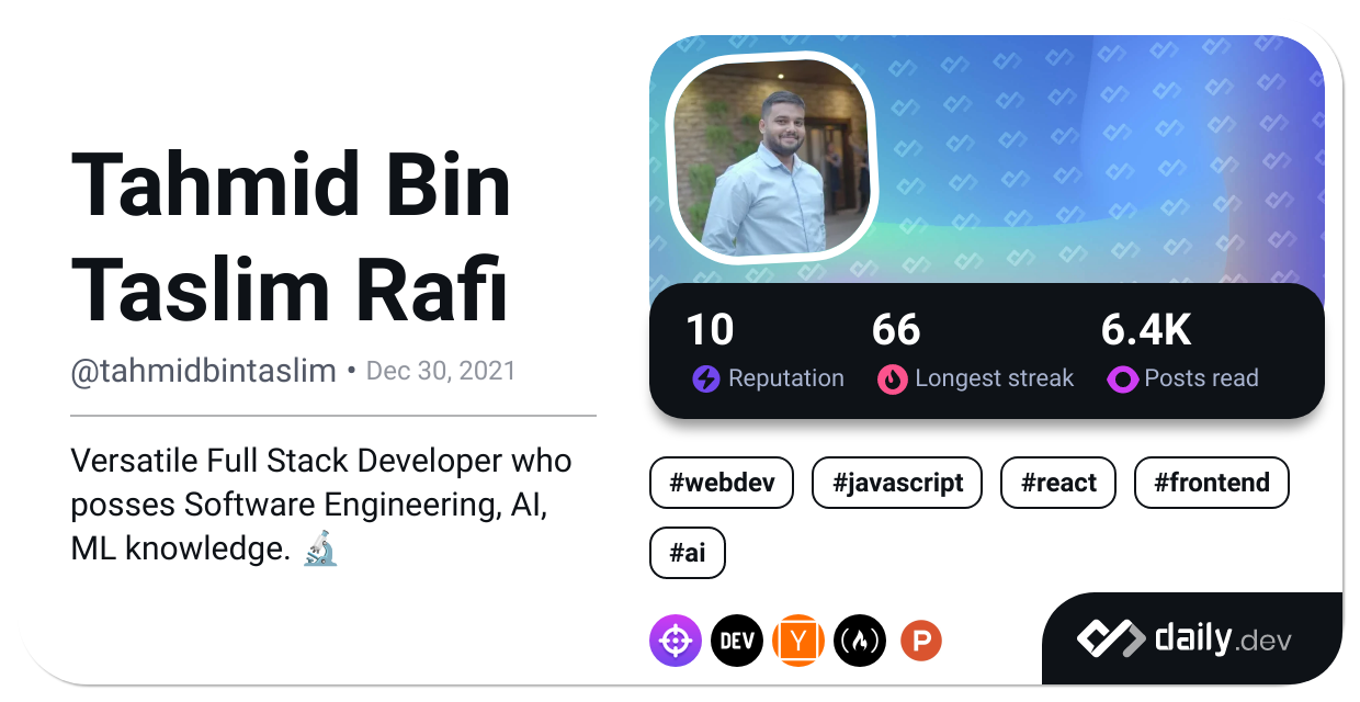 Tahmid's Daily Dev Card showing reading history and developer stats