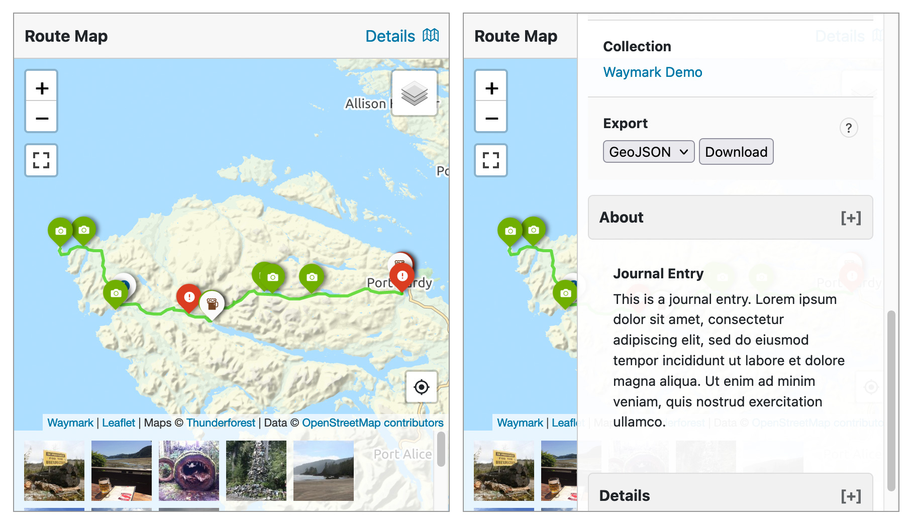 Add Maps to your content using the Waymark Shortcode. You can choose which Meta is displayed.