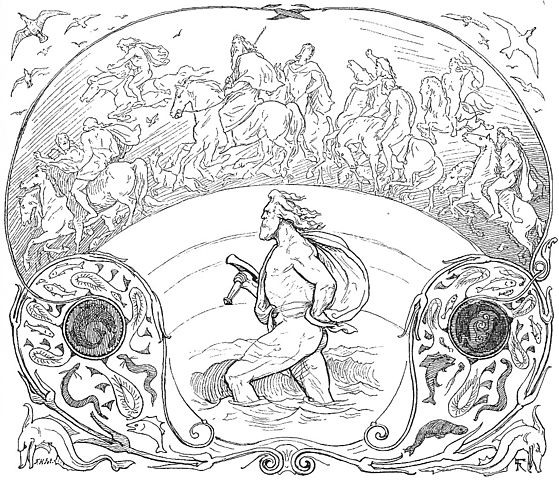 Thor wades rivers while the rest of the æsir ride across the bridge Bifröst as described in Grímnismál.