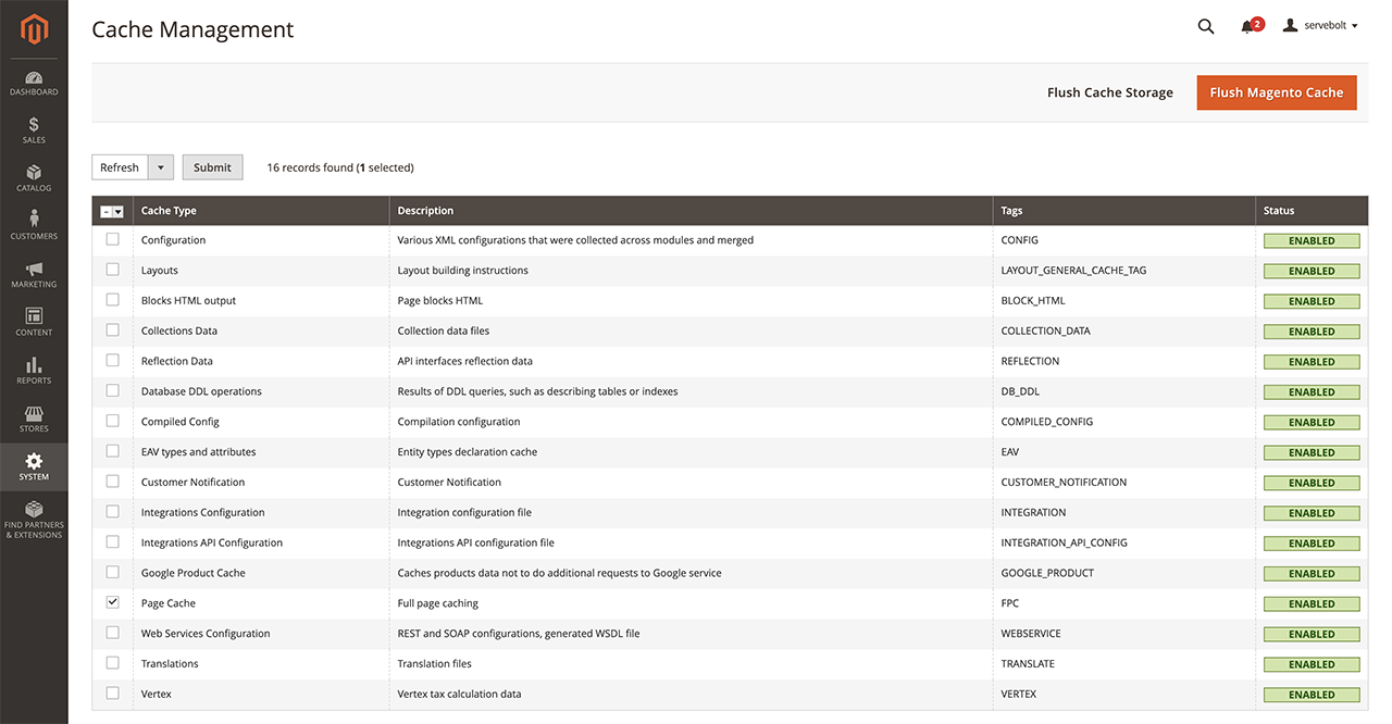 Image of Cache Management page in Magento admin