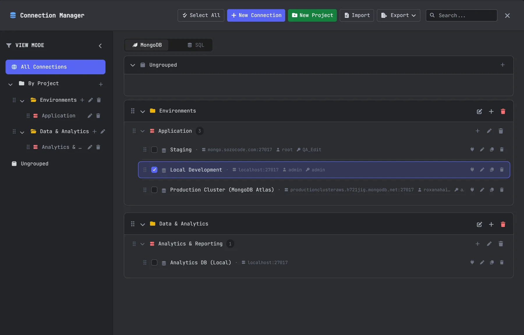 MongoDB connection manager for local, Atlas, and remote databases