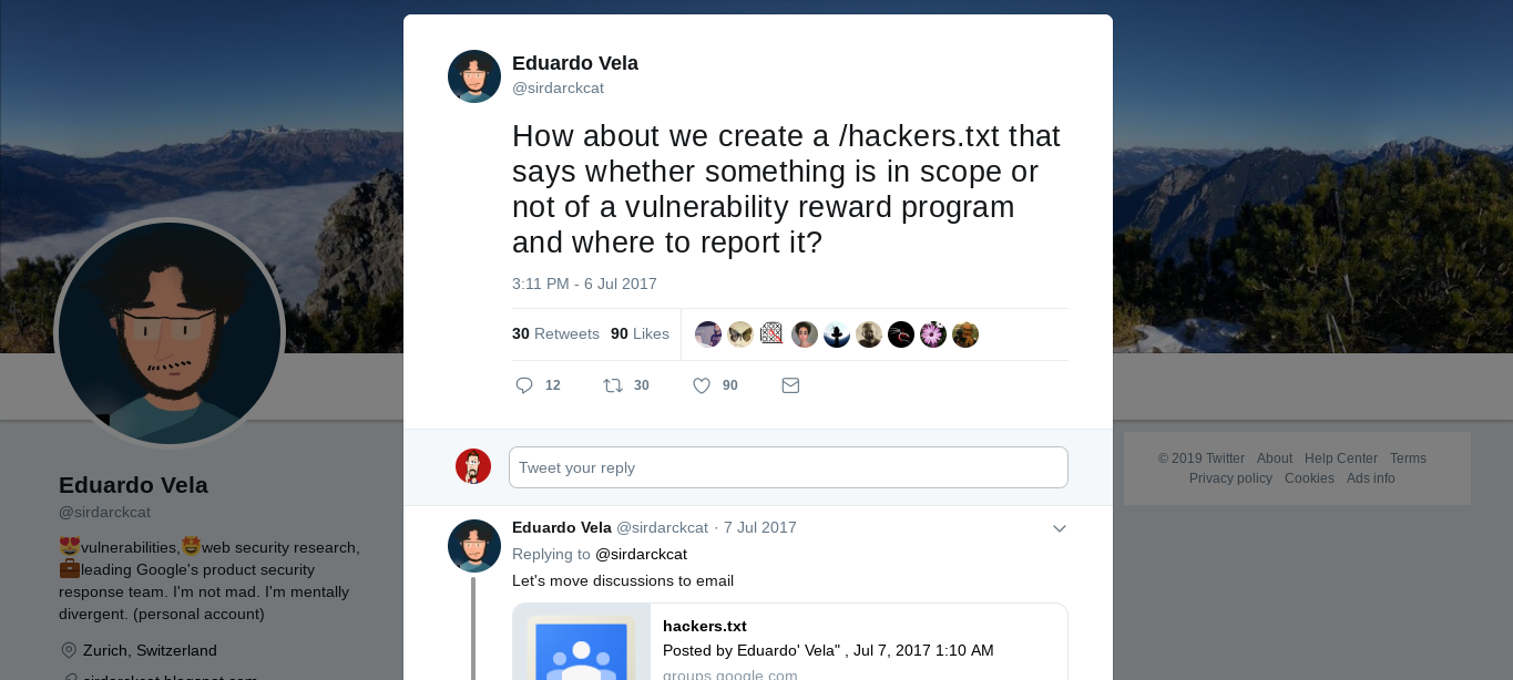 Screenshot of the Twitter post by Eduardo Vela