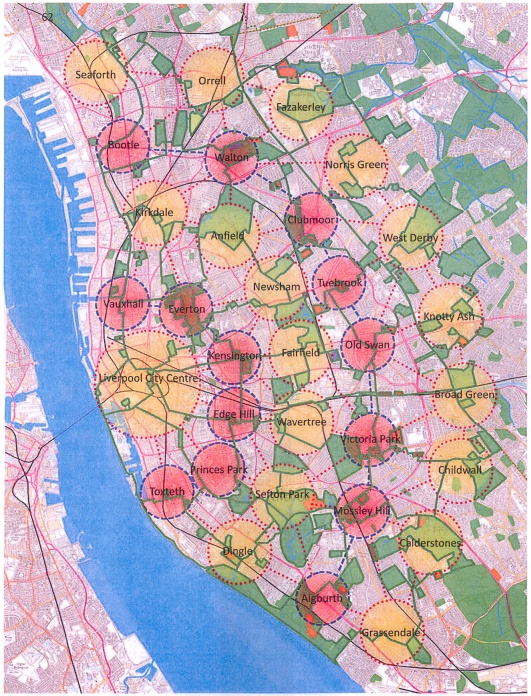 A map of Liverpool showing the 32 areas spread across it