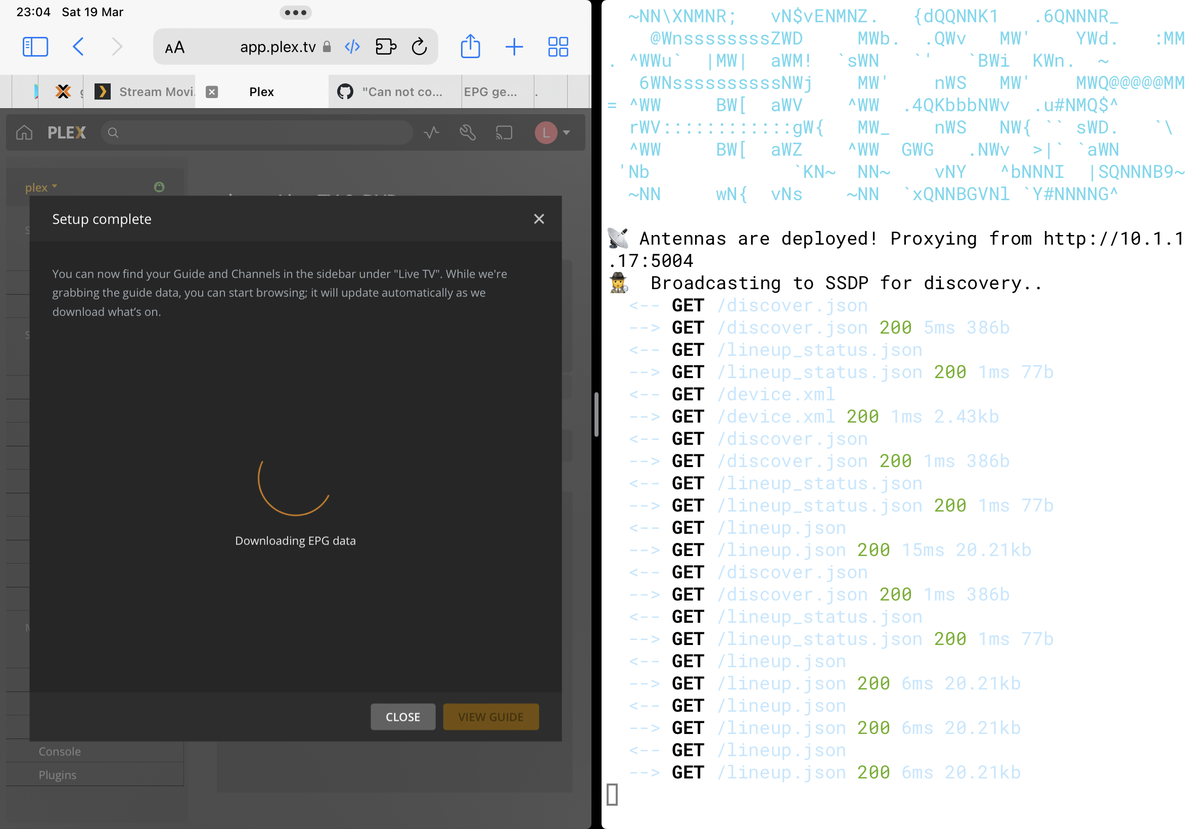 Screenshot of console output and plex output