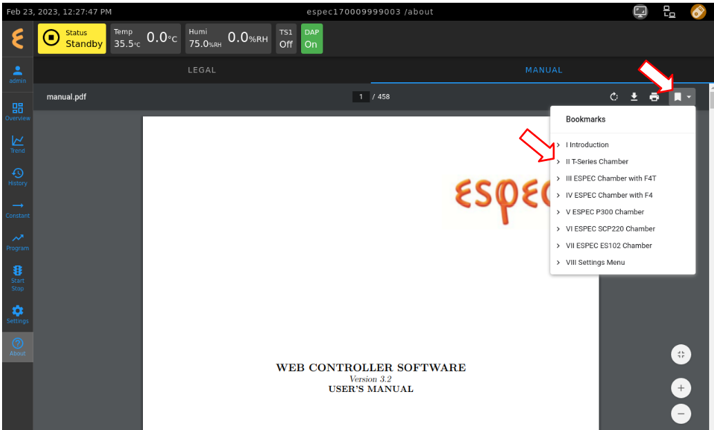 Online User's Manual on touchscreen