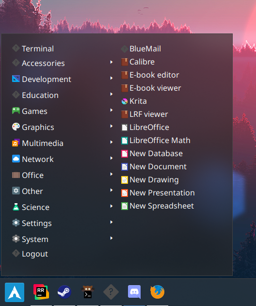 Screenshot of open menu showing applications inside Office category