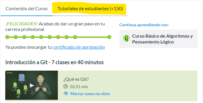 Cantidad de tutoriales por cada curso