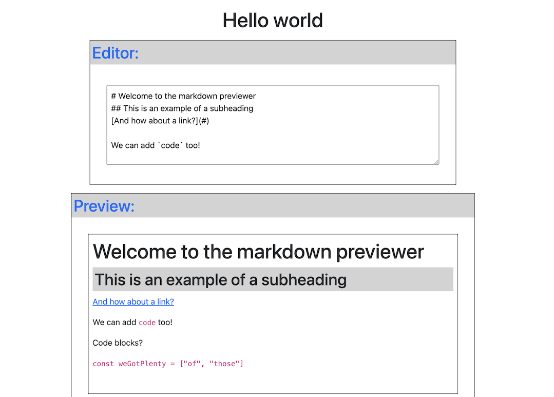 A screenshot of a markdown preview app, with editor and preview boxes visible