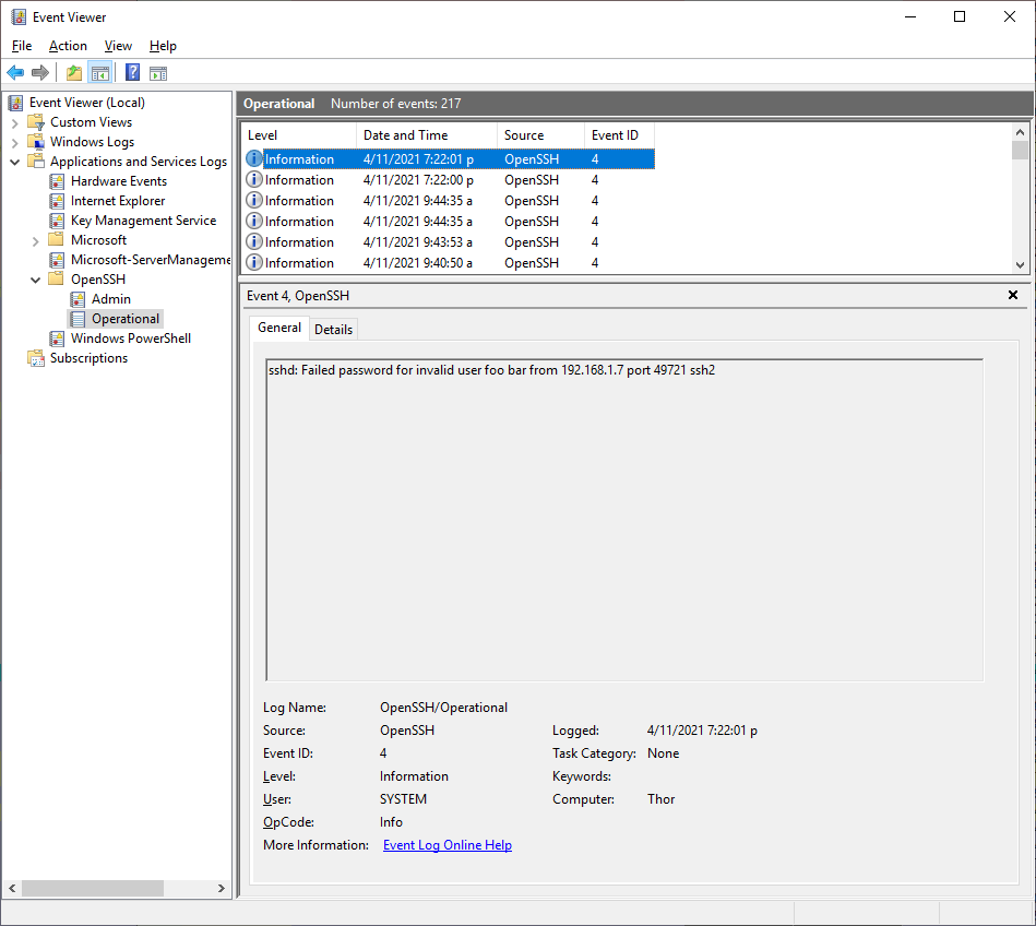 Event Viewer with OpenSSH failure event, General tab