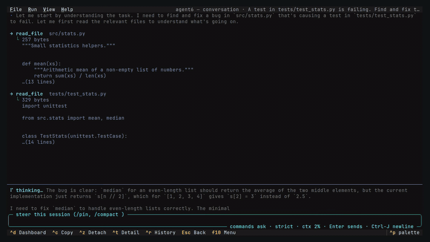the run TUI: conversation streaming, an approval modal, verify + auto-commit, the hub receipt