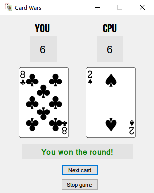 The human player wins the round because their 8 of clubs is worth more than the computer's 2 of spades.