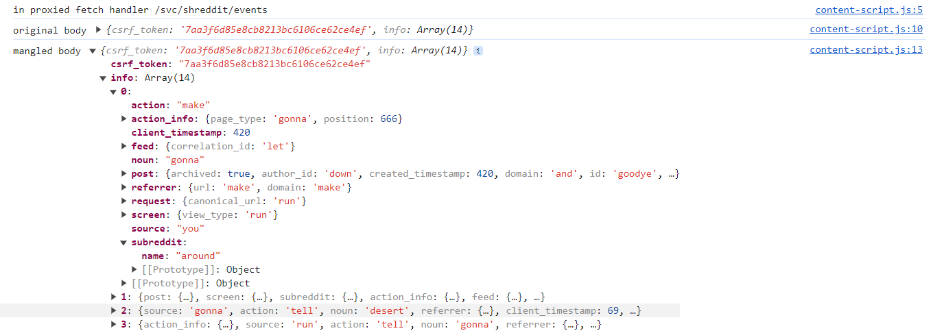 console log of reddit tracking data mangler in action