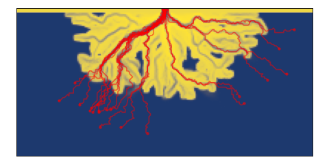 Weighted random walks for 20 water parcels, in a pyDeltaRCM model run with default parameters.