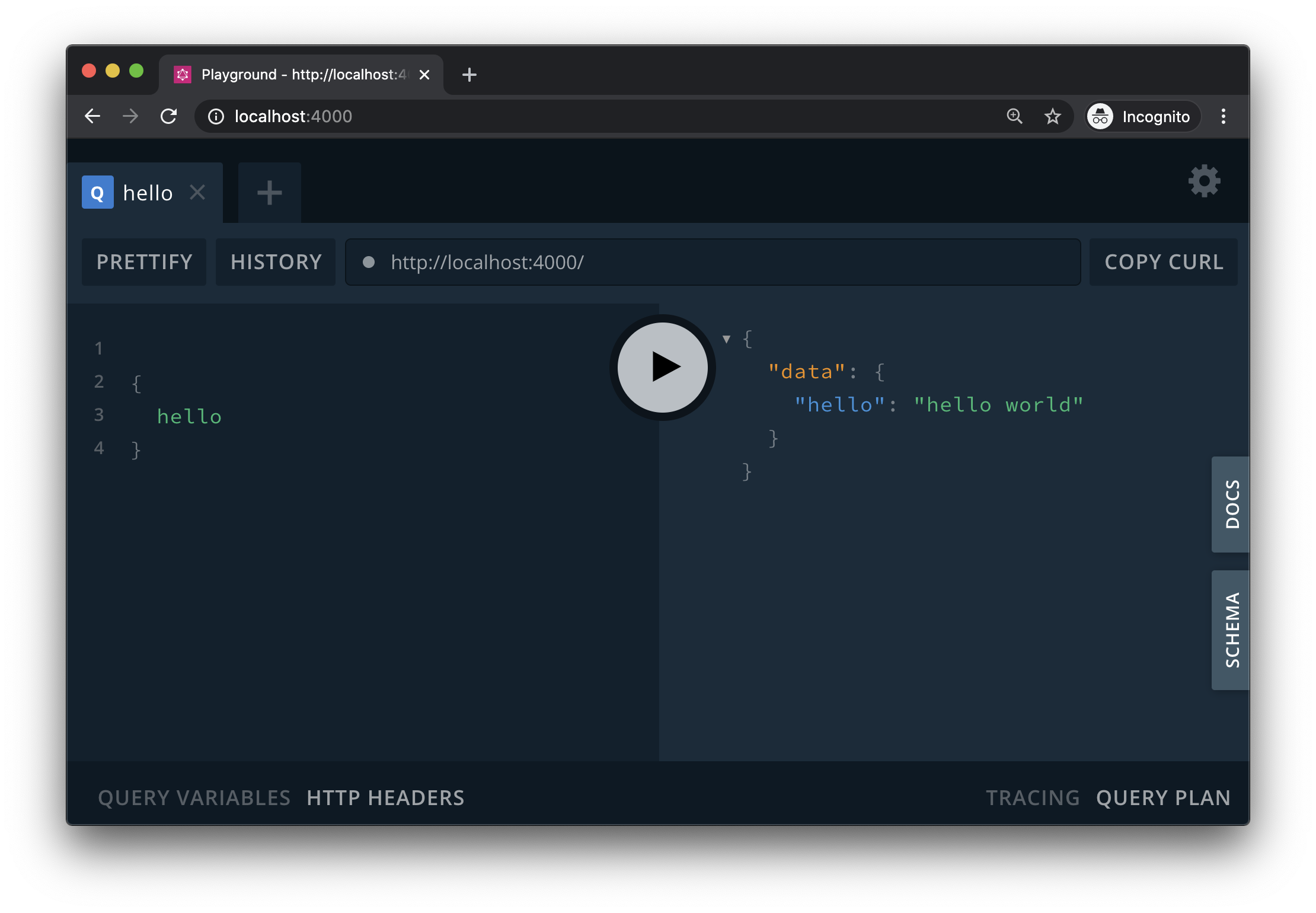GraphQL Playground with a hello world schema