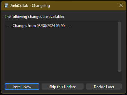 A new update window showing a new update in AnkiCollab.