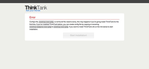 ThinkUp Error Page (Missing config.inc.php file)