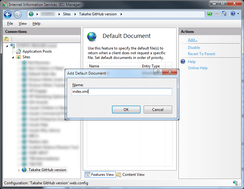 An Add Default Document alert box should appear. Type in index.xml into it.