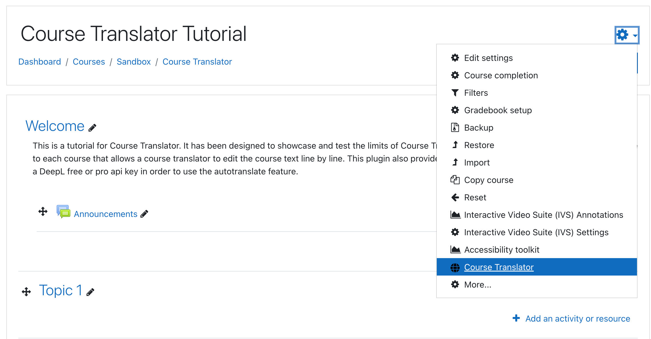 Course Settings Action Menu