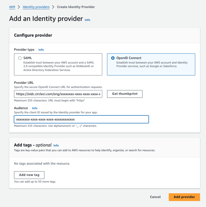 Add an identity provider screen