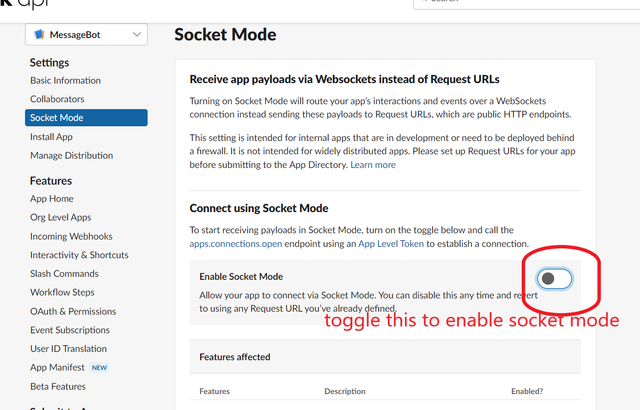 Enable Socket mode -> provide a random token name and generate xapp token