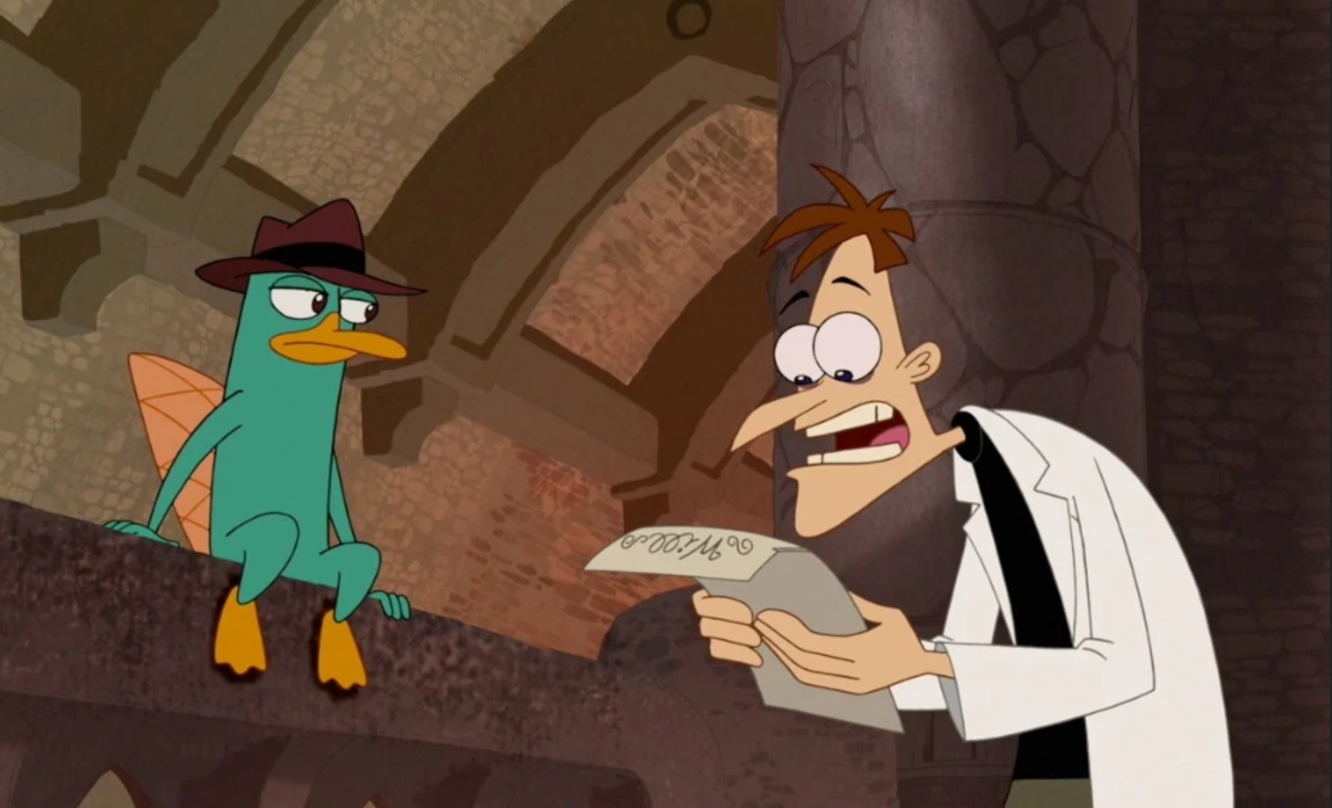 Doofenshmirtz reading to Perry the platypus