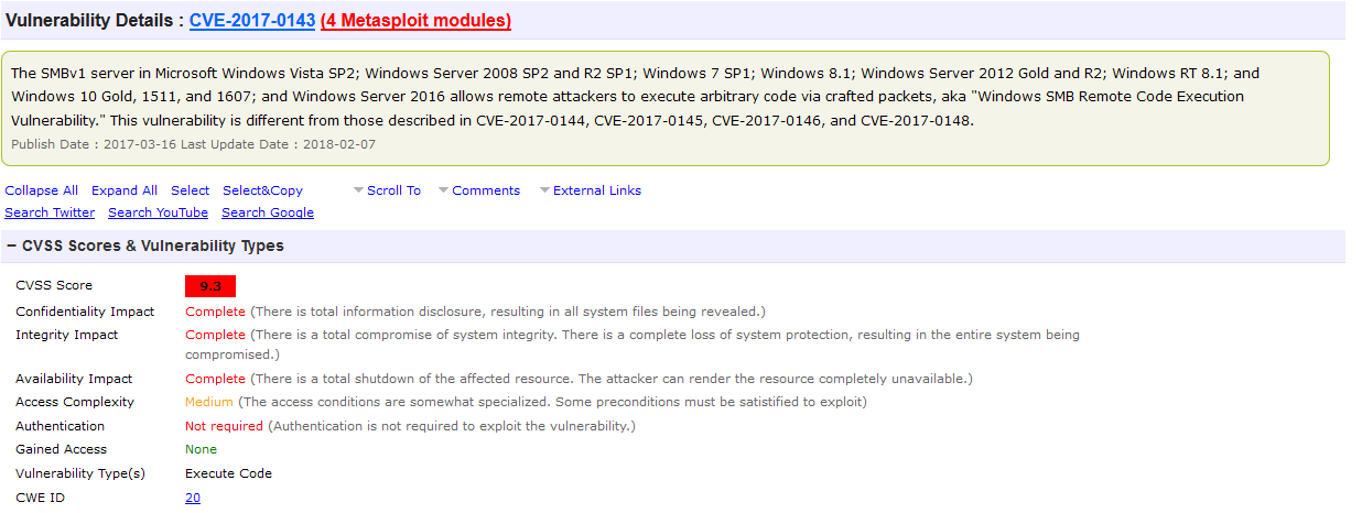 CVE-details for MS17-010, also known as EternalBlue