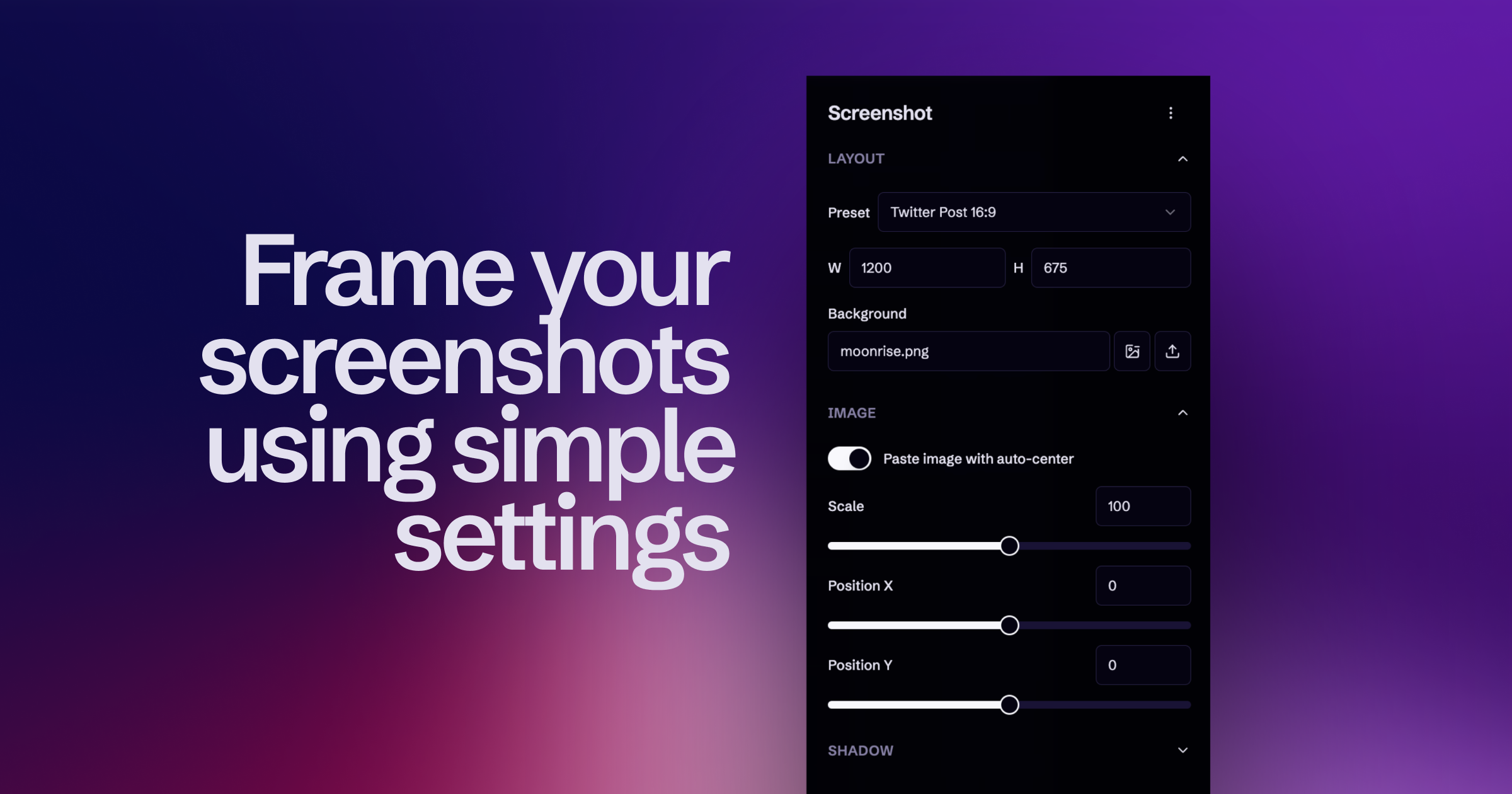 Frame your screenshot using simple settings