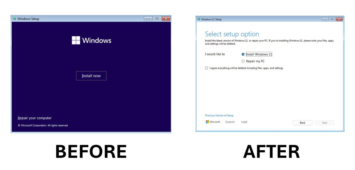 Comparison of old and new Windows Setup UI