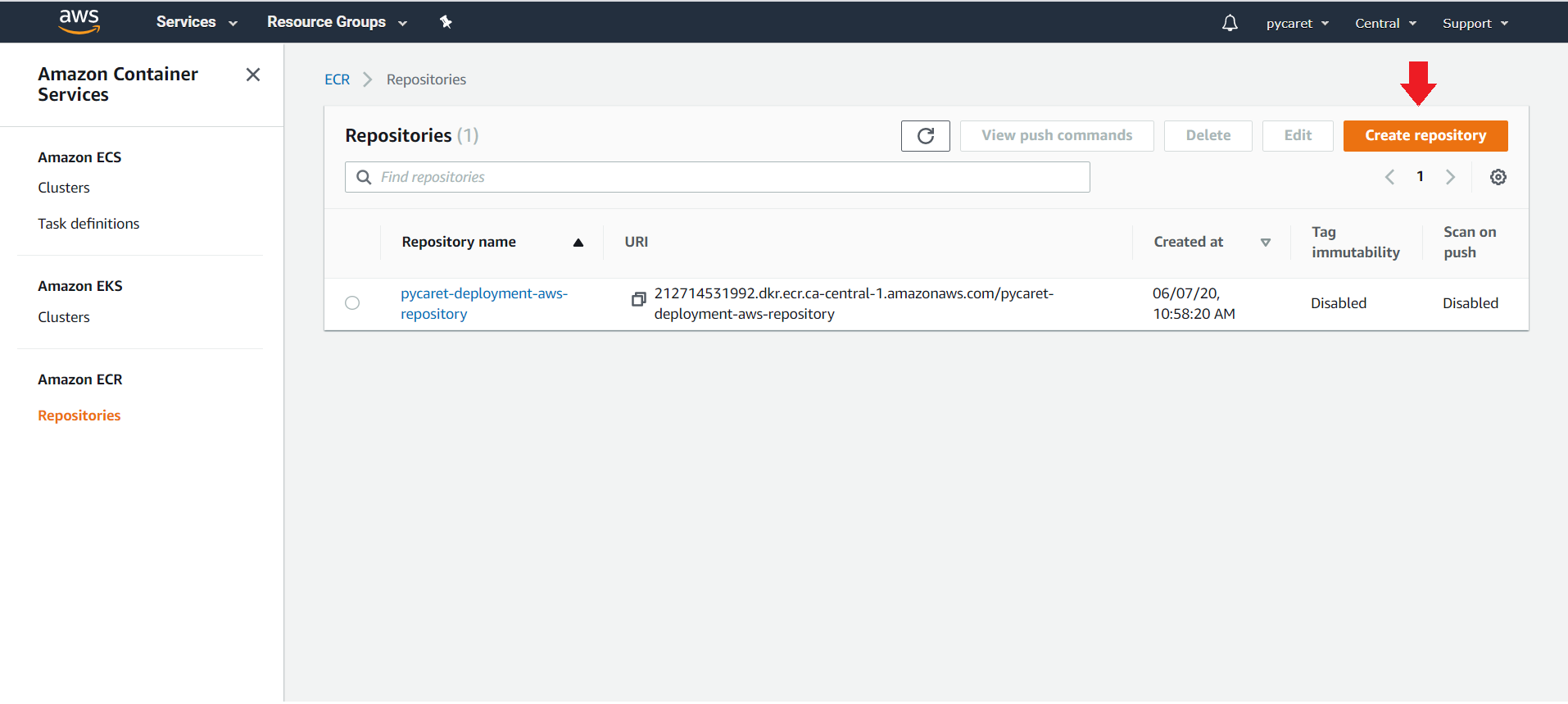 Create New Repository on Amazon Elastic Container Registry