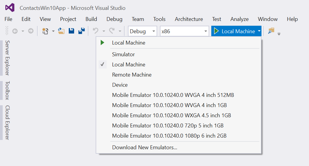 Windows 10 UWP Debug Targets