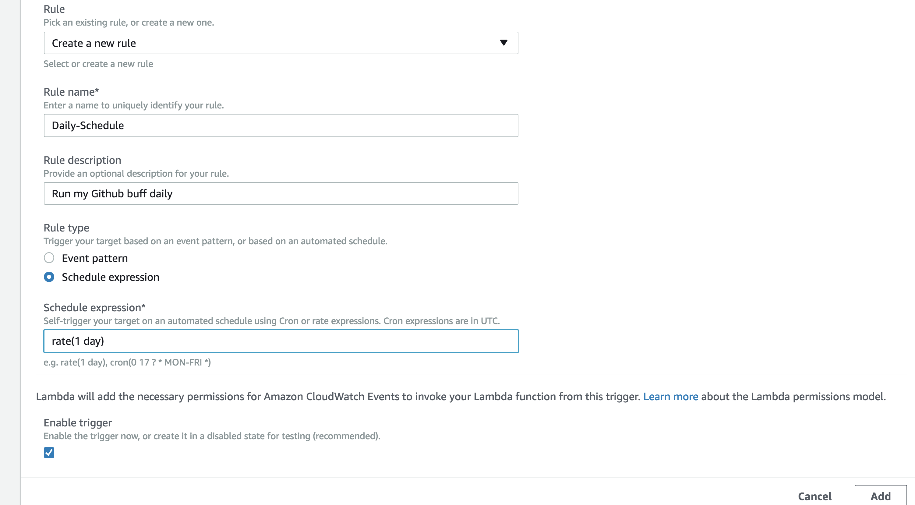 AWS CloudWatch trigger configuration