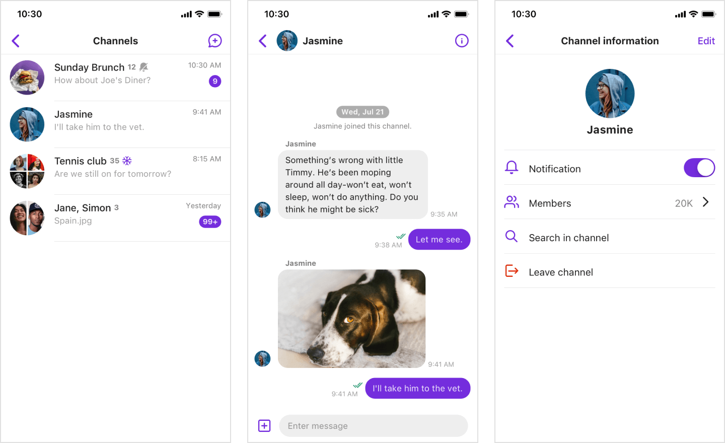 Image|Three SwiftUI views on the Light theme are shown: list of channels, chat view, channel information view.