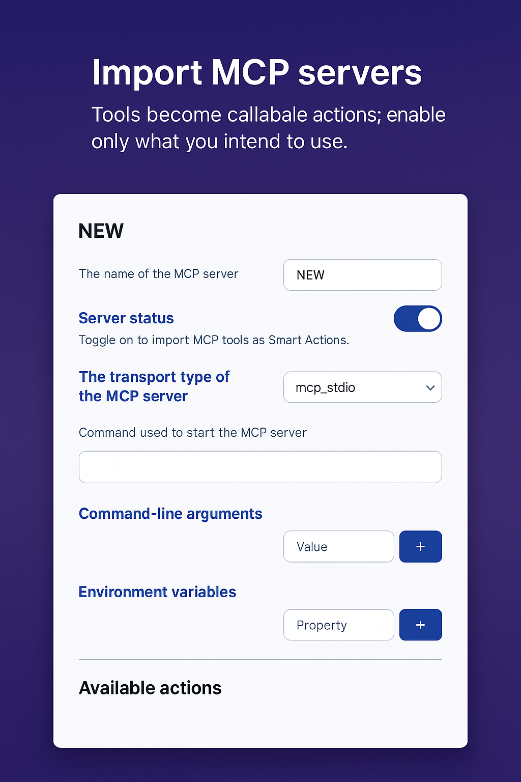 MCP server import with transport and command fields