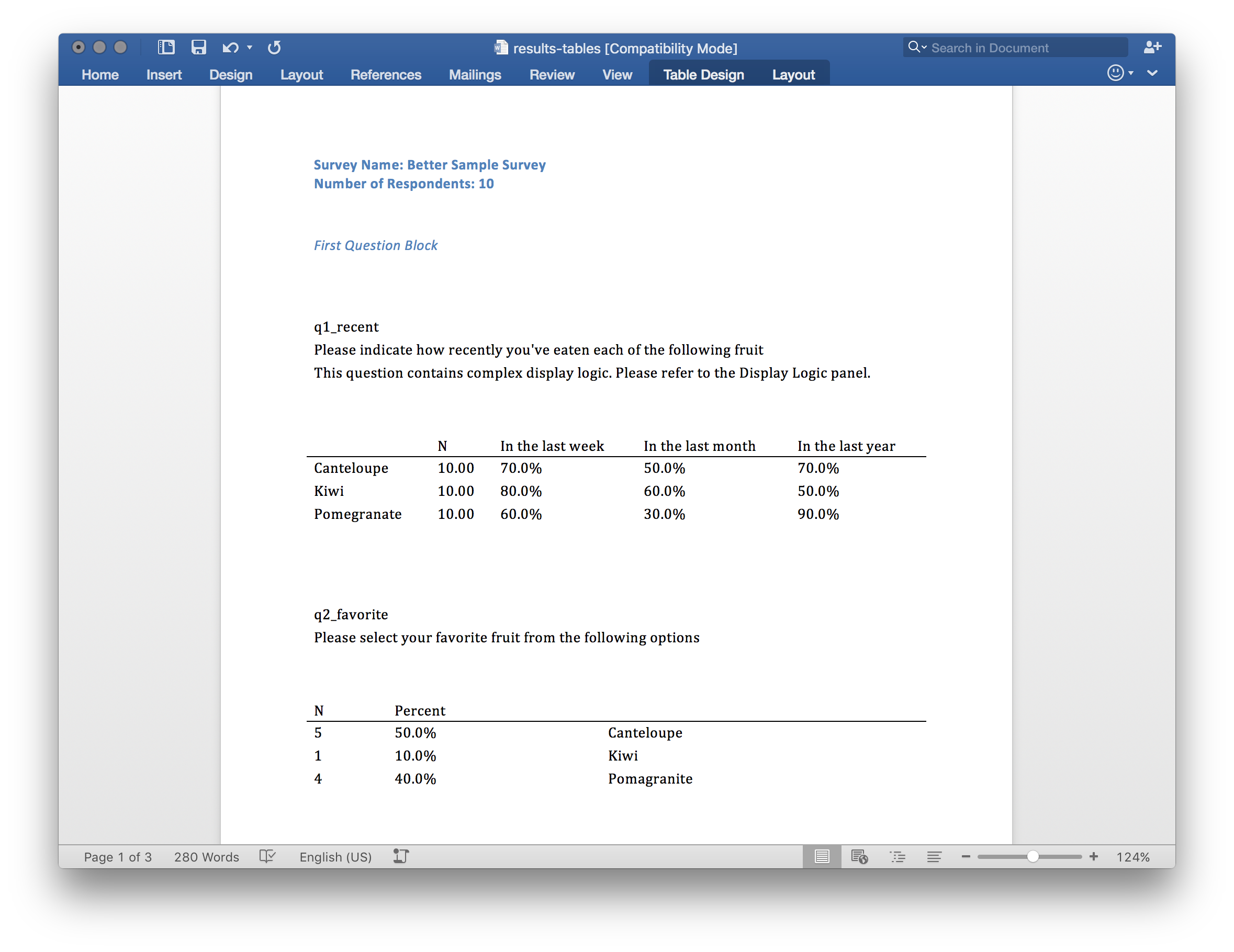 example results tables