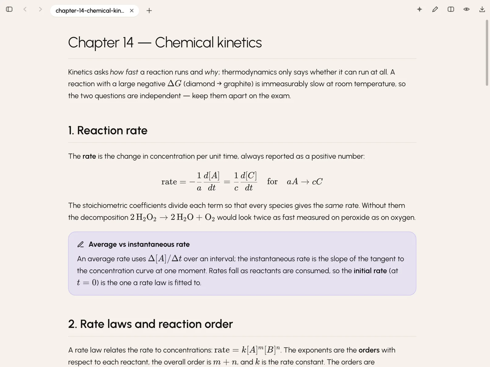 A generated study note: Chapter 14, Chemical kinetics, with an overview, a formula, a callout and the start of a table