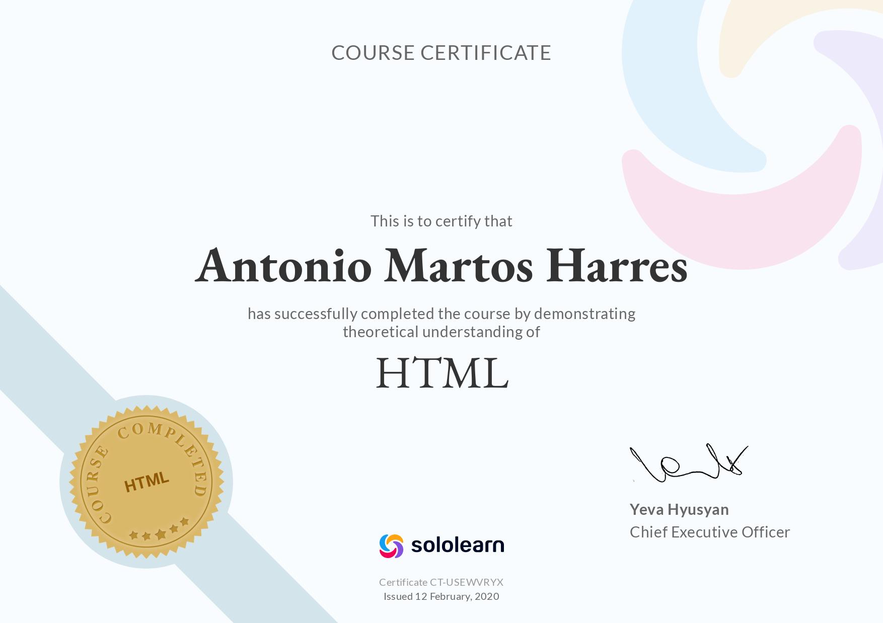 Certificado HTML course SoloLearn