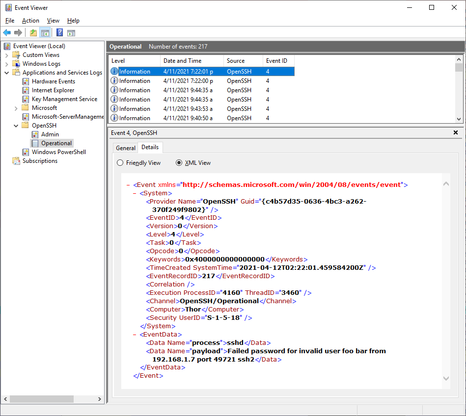 Event Viewer with OpenSSH failure event, Details tab