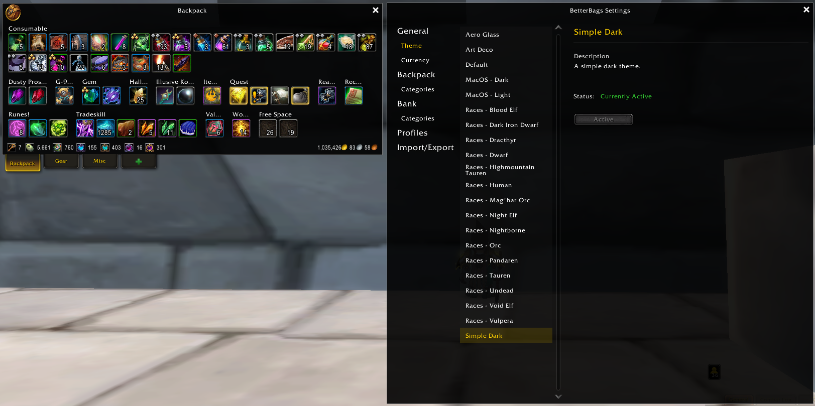 Simple Dark Theme in Retail (with additional theme options from BetterBags - Themes).