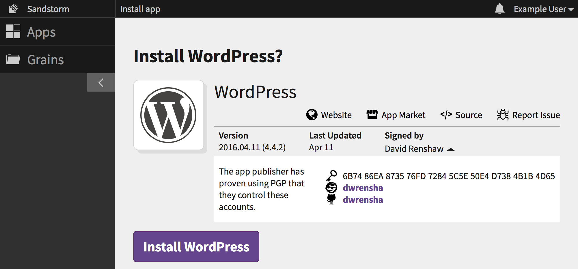 Screenshot of WordPress app install confirmation screen on Sandstorm Oasis.