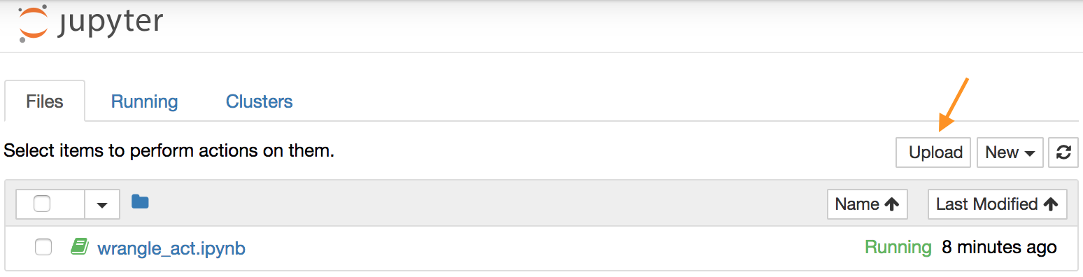 Jupyter Notebook dashboard with arrow pointing to the "Upload" button