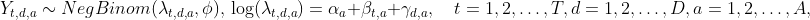 \begin{equation}Y_{t,d,a} \sim  NegBinom(\lambda_{t,d,a}, \phi), \\ \log(\lambda_{t,d,a}) =  \alpha_a + \beta_{t,a} + \gamma_{d,a}, \\ \quad t=1,2,\ldots,T, \\ d=1,2,\ldots,D, \\ a=1,2,\ldots,A, \end{equation}