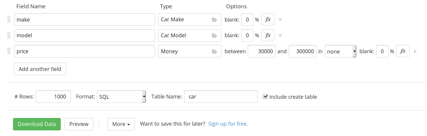 Generate data using Mockaroo