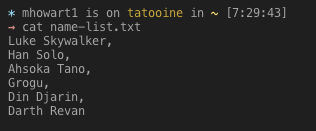 Screen Shot of a list of names after running the "cat name-list.txt" command