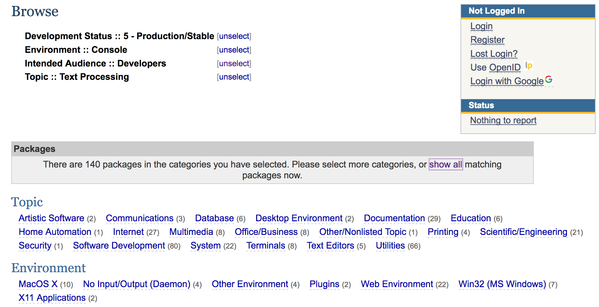 Example of filtering by Pypi categories