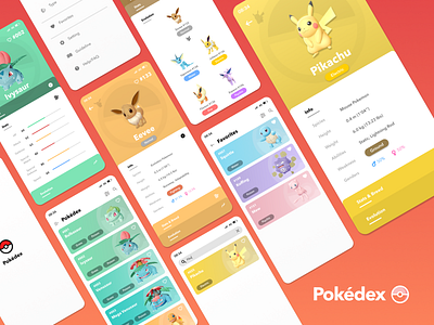 Pokédex App - V.2 concept design ui design weebly pikachu pokemongo app game pokedex pokemon product design colorful mobile app minimal ux ui