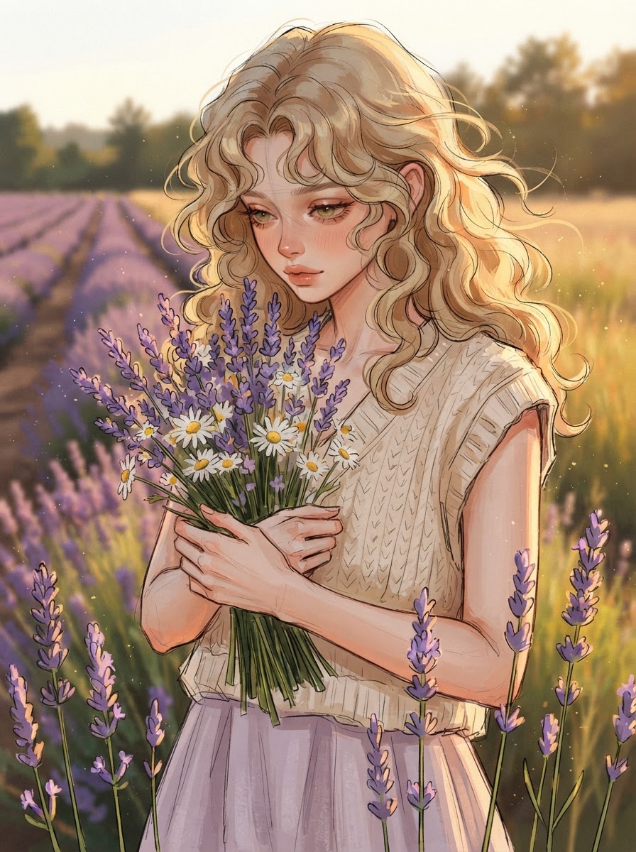 Blonde character holding lavender and daisies in a sunlit field