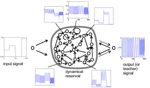 Figure 1: The basic schema of an ESN, illustrated with a tuneable frequency generator task. Solid arrows indicate fixed, random connections; dotted arrows trainable connections.